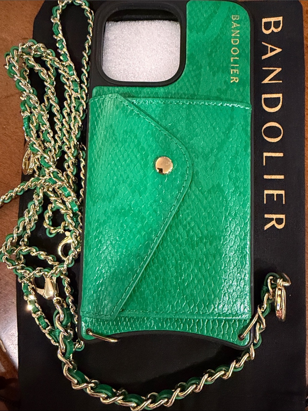Bandolier Green Leather Crossbody Phone Wallet with Gold Chain Strap 16 ProMax